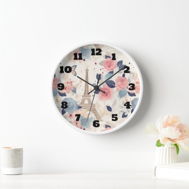 Blume und Pariser Reisemuster des Eiffelturms Uhr (Zuhause)