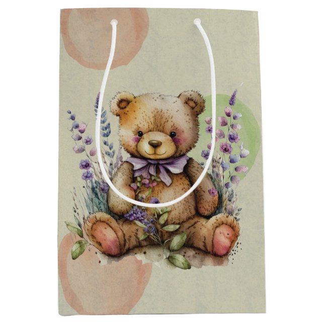 Blume und Punkte von Braunteddy-Bären Mittlere Geschenktüte (Vorderseite)