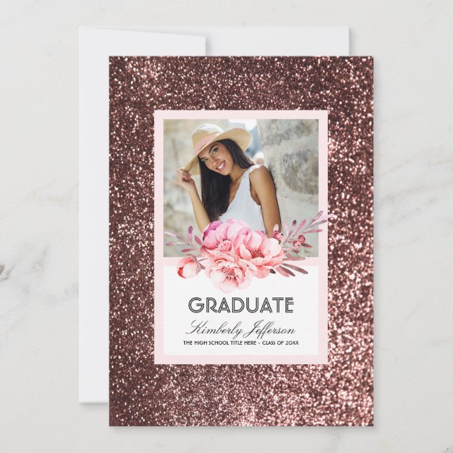 Blume und Rose Gold Glitzer Foto Abschluss Einladung (Vorderseite)