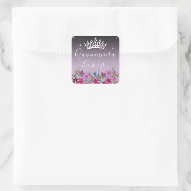 Blume und Schmetterling Danke, Quinceanera Quadratischer Aufkleber (Tasche)