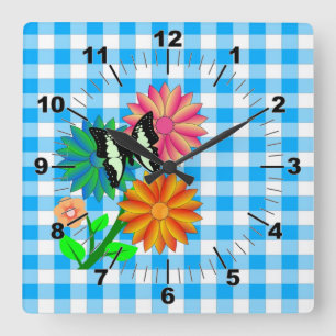 Blume und Schmetterling in Blue Vicky Quadratische Wanduhr