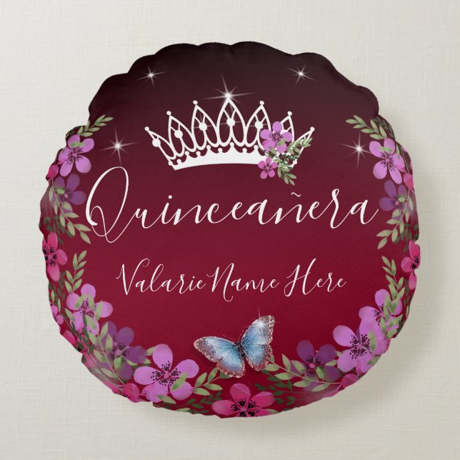 Blume und Schmetterling Quinceanera Burgund Rundes Kissen (Vorderseite)