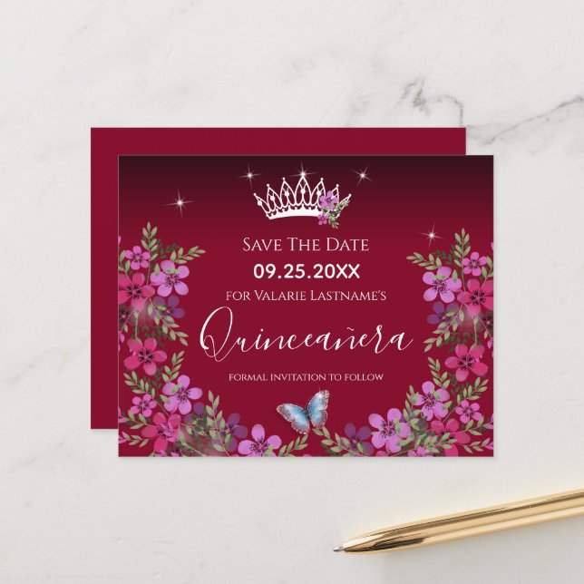 Blume und Schmetterling Quinceanera Save the Date (Vorderseite/Rückseite Beispiel)