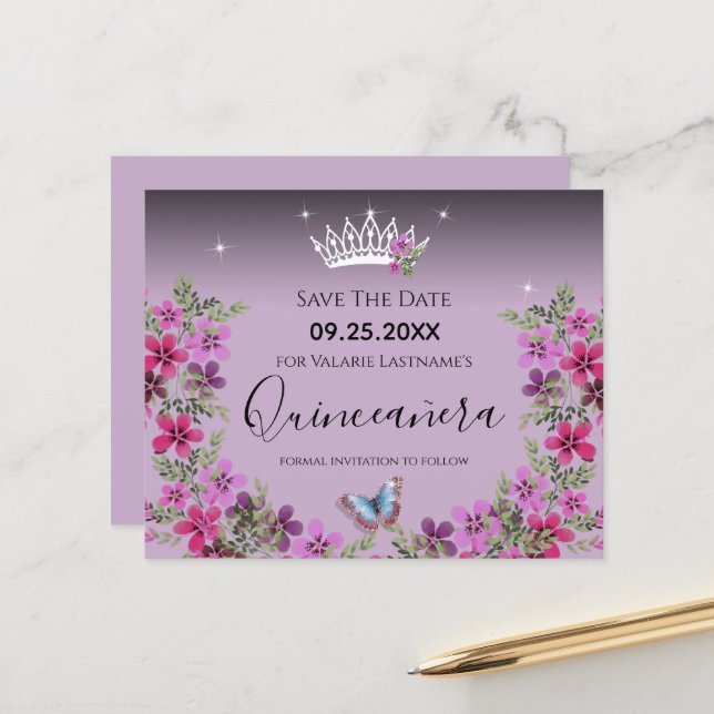Blume und Schmetterling Quinceanera Save the Date (Vorderseite/Rückseite Beispiel)
