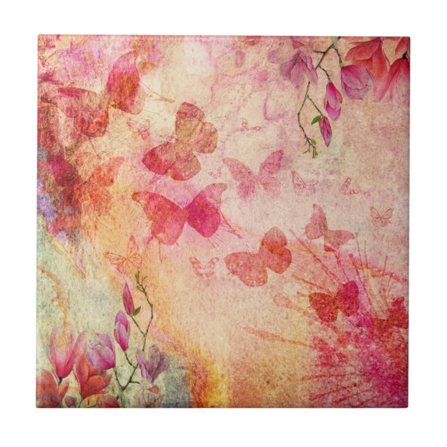 Blume und Schmetterlinge Aquarell, Keramik Fliese (Vorderseite)
