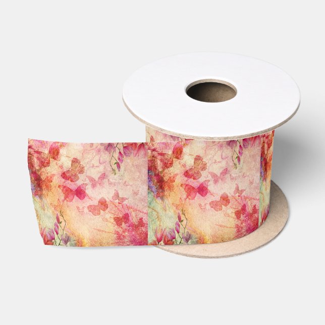 Blume und Schmetterlinge Aquarell, Satinband (Spule)