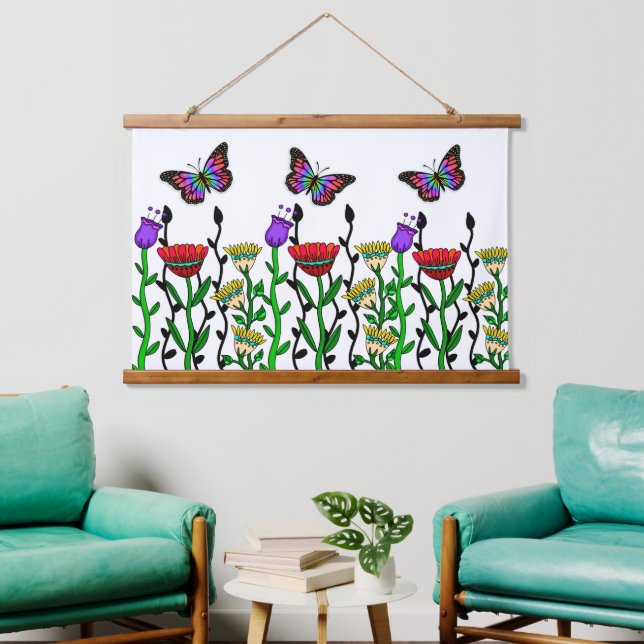 Blume und Schmetterlinge aus Whimsikhand Wandteppich Mit Holzrahmen (Wohnzimmer)
