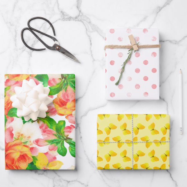 Blume und Schmetterlinge Geschenkpapier Set (Vorderseite)