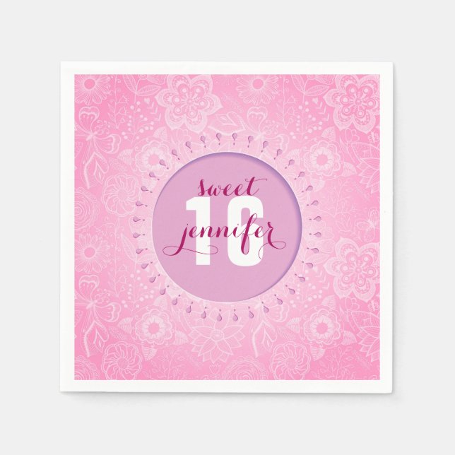 Blume und Schmetterlinge in Monogramm, rosa und we Serviette (Vorderseite)