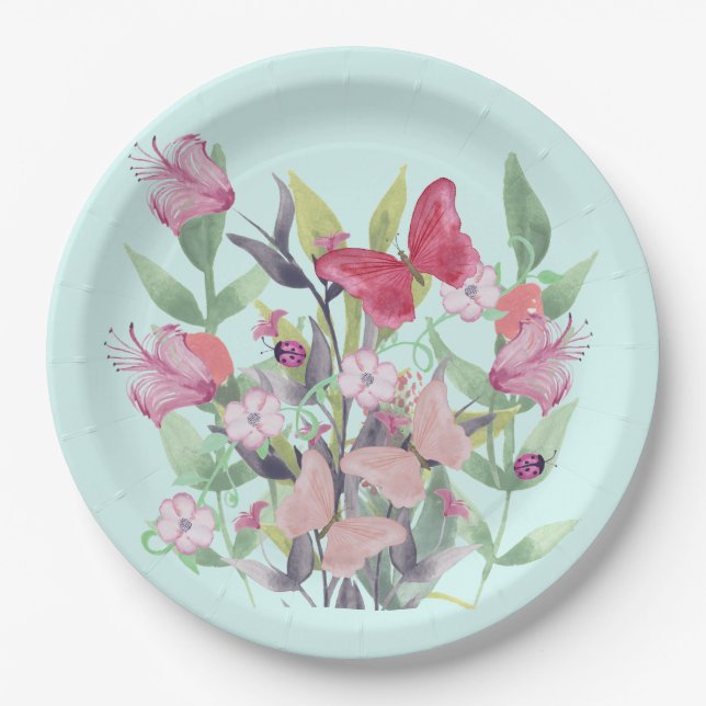 Blume und Schmetterlinge in Rosa und Rot Pappteller (Vorderseite)