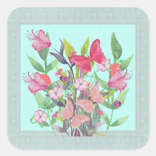 Blume und Schmetterlinge in Rosa und Rot Quadratischer Aufkleber