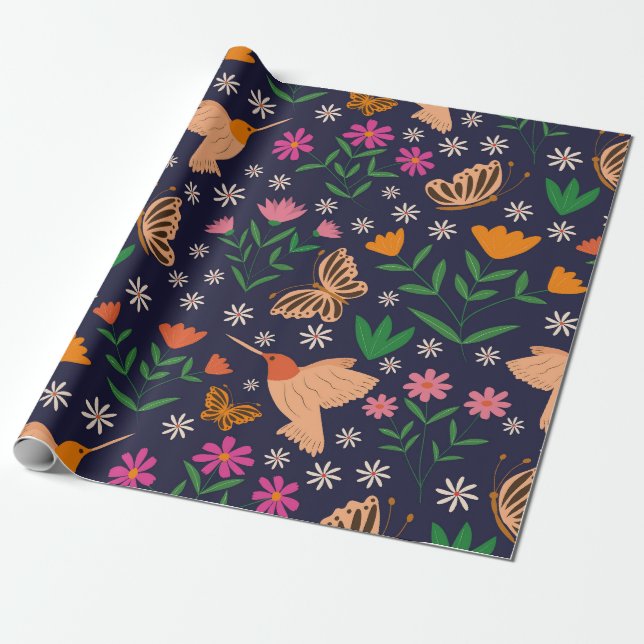 Blume und Schmetterlinge mit Vögeln Geschenkpapier (Ungerollt)