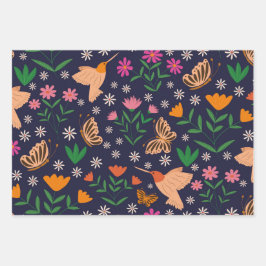 Blume und Schmetterlinge mit Vögeln Geschenkpapier Set