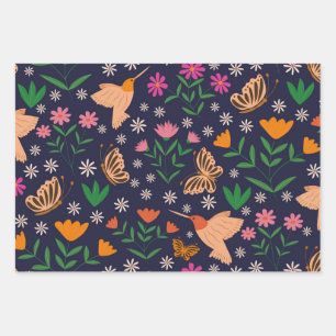 Blume und Schmetterlinge mit Vögeln Geschenkpapier Set