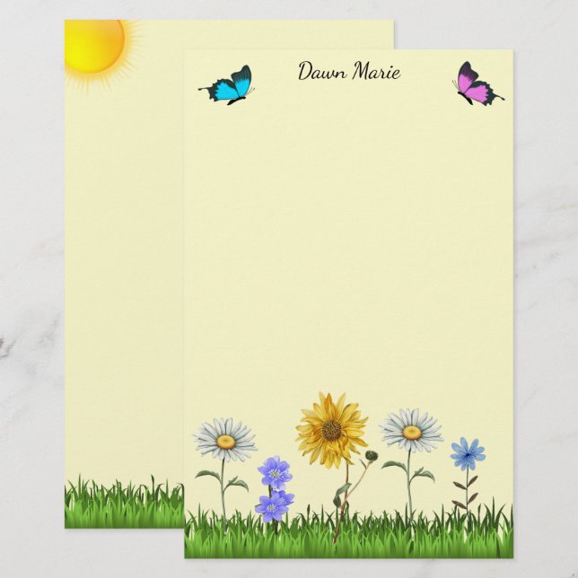 Blume und Schmetterlinge Personalisiert 5,5" x 8,5 Briefpapier (Vorne/Hinten)