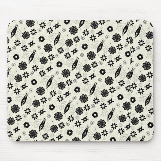 Blume und Schmetterlinge schwarz-weiß Mousepad (Vorne)
