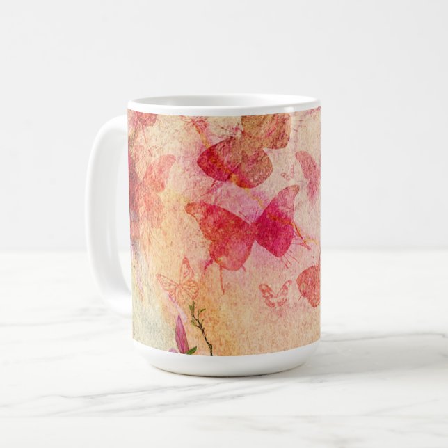 Blume und Schmetterlinge Wasserfarbe, Kaffee Tasse (Vorderseite Links)