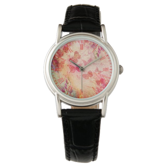 Blume und Schmetterlinge Wasserfarbe, Ladys Watch Armbanduhr (Vorderseite)