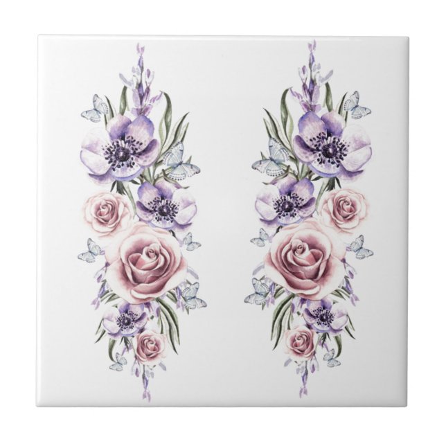 Blume und Schmetterlinge - Zeichnend Kunst - Vinta Fliese (Vorderseite)