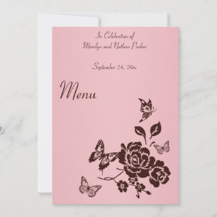 Blume und Schmetterlingsmenü in Rosa und Braun Einladung