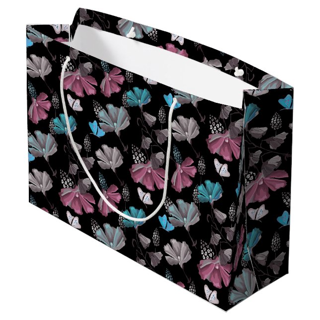 Blume- und Schmetterlingsmuster Große Geschenktüte (Rückseite Schrägansicht)
