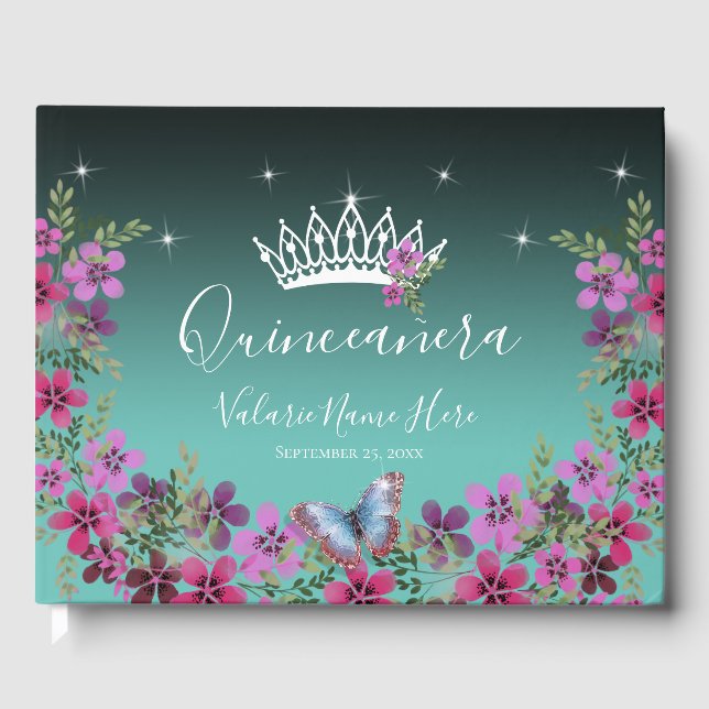 Blume und Schmetterlingsprinzessin Quinceanera Blu Gästebuch (Vorderseite)