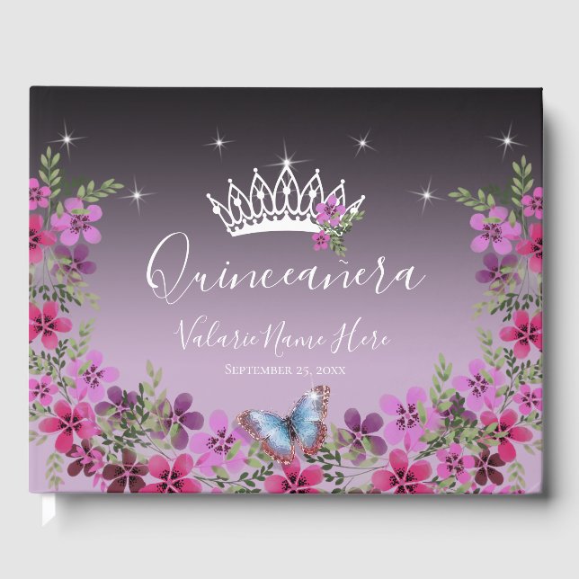 Blume und Schmetterlingsprinzessin Quinceanera Lil Gästebuch (Vorderseite)