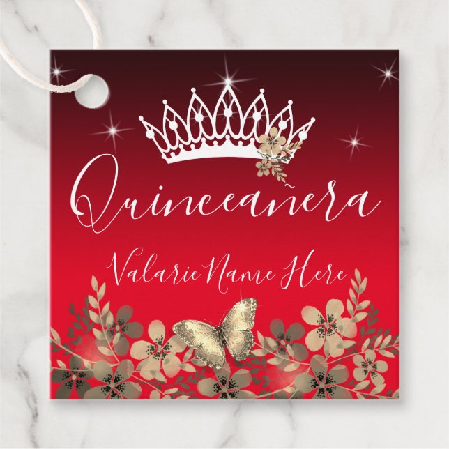Blume und Schmetterlingsprinzessin Quinceanera Red Geschenkanhänger (Vorderseite)