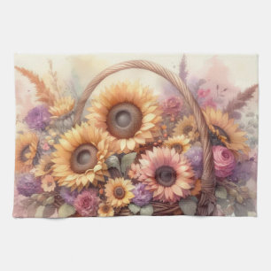 Blume und Sonnenblumen, Aquarellpasten Geschirrtuch