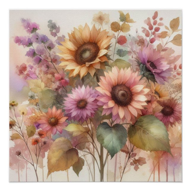 Blume und Sonnenblumen, Aquarellpasten Poster (Vorderseite)
