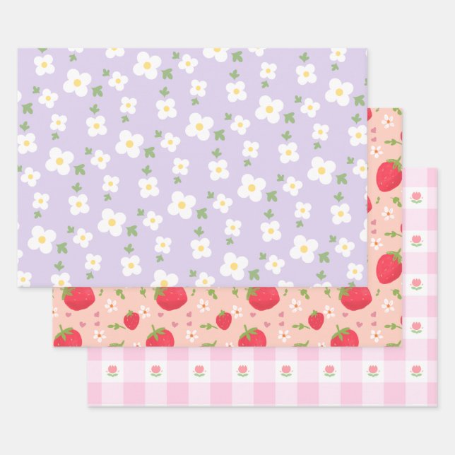 Blume und Strawberry Girly und Niedliches Muster Geschenkpapier Set (Set)