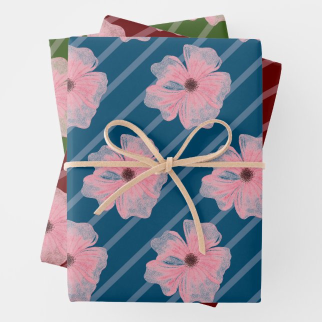 Blume und Streifen, rosa, umhüllende Papierblätter Geschenkpapier Set (Beispiel)
