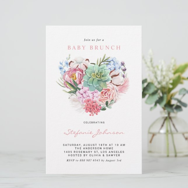 Blume und Succulent Heart Baby Brunch Einladung (Stehend Vorderseite)