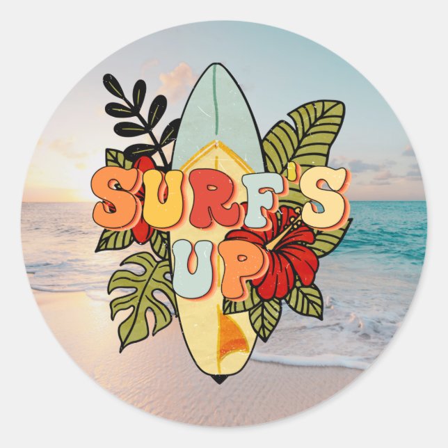 Blume und tropische Blätter zum Surfen im Sommer Runder Aufkleber (Vorderseite)
