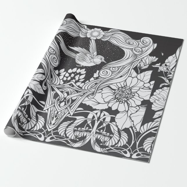 Blume und Vogel im Jugendstil nahtlos pflücken Geschenkpapier (Ungerollt)