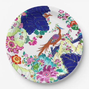 Blume und Vögel mit traditionellem Tabakleaf Pappteller