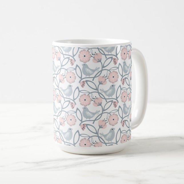 Blume und Vögel Nahtloses Muster Kaffeetasse (VorderseiteRechts)