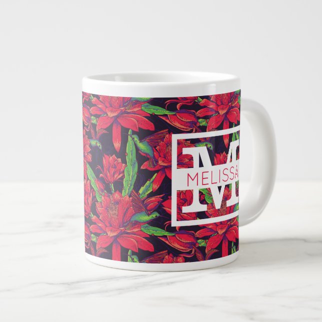 Blume und Vögel| Name hinzufügen Jumbo-Tasse (Vorderseite Rechts)