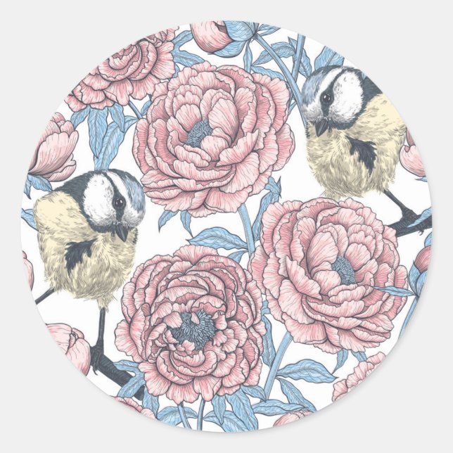 Blume und Vögel Runder Aufkleber (Vorderseite)