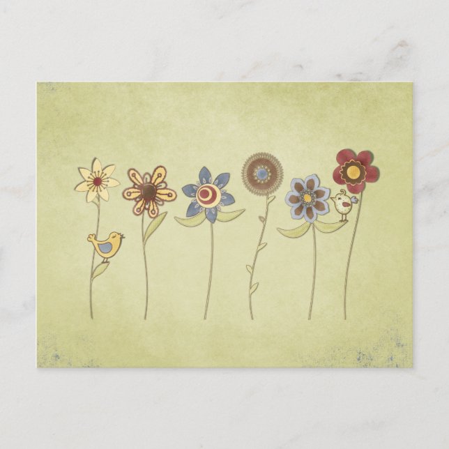 Blume- und Vogelzeichnungen niedlich Postkarte (Vorderseite)