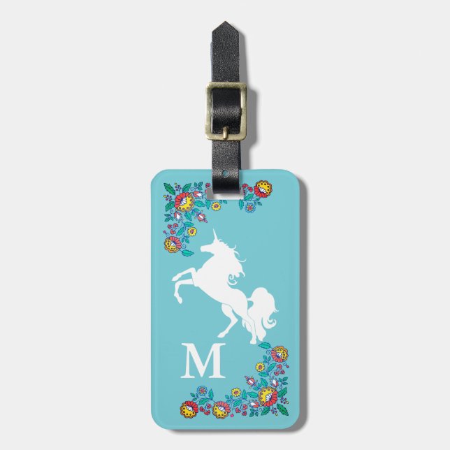 Blume und Weißes Einhorn | Monogramm Gepäckanhänger (Vorderseite vertikal)