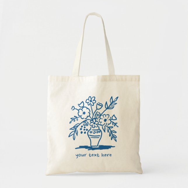 Blume Vase Doodle Custom Groceries Shopping Blue Tragetasche (Vorne)