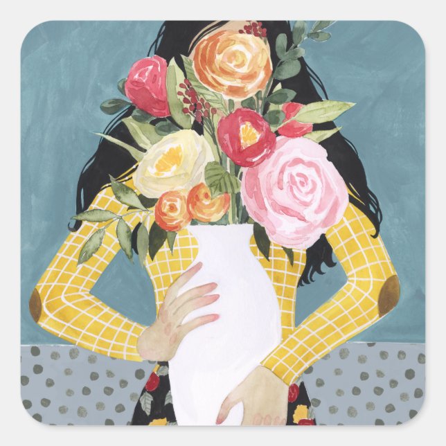 Blume Vase Girl Quadratischer Aufkleber (Vorderseite)