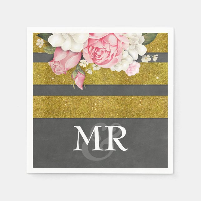 Blume Vintage Gold Chalkboard Streifen Hochzeit Serviette (Vorderseite)