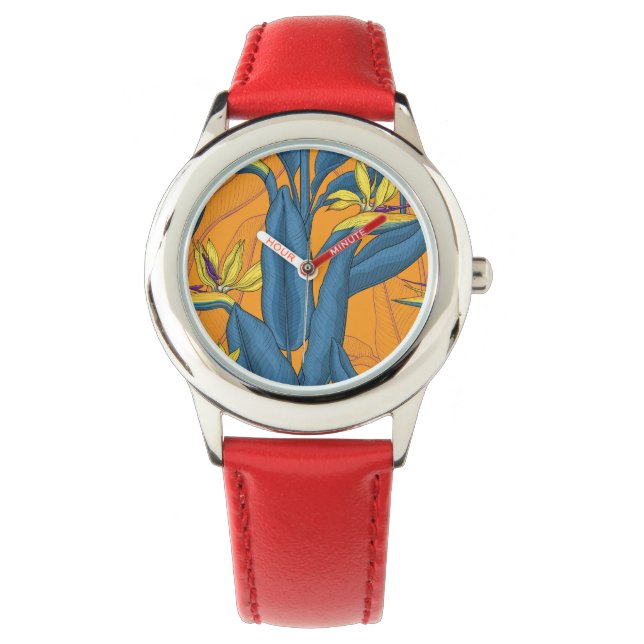 Blume-Vogel auf Orange Armbanduhr (Vorderseite)