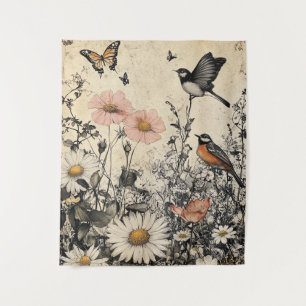 Blume, Vögel und Schmetterlinge auf Altpapier (1) Wandteppich