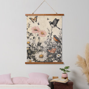 Blume, Vögel und Schmetterlinge auf Altpapier (1) Wandteppich Mit Holzrahmen