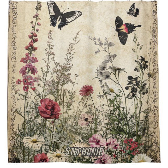 Blume, Vögel und Schmetterlinge auf Altpapier (2) Duschvorhang (Vorderseite)