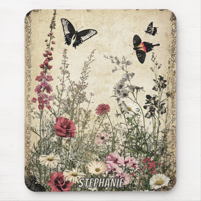Blume, Vögel und Schmetterlinge auf Altpapier (2) Mousepad (Vorne)
