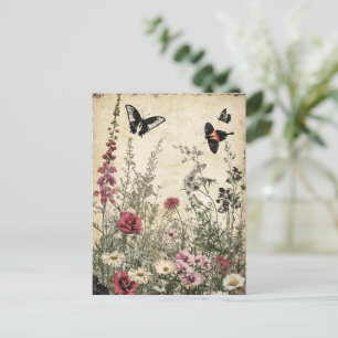 Blume, Vögel und Schmetterlinge auf Altpapier (2) Postkarte